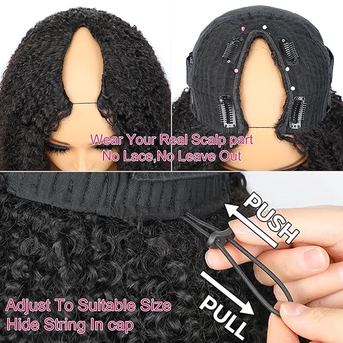 VShow Curly V Part Wig Human Hair Elastic Drawstring V Part Kinky Straight Glueless Wigs Human Hair Clip in Vpart Wig No Leave Out 180% Density Upgrade U Part Wig Beginner Friendly 24 inch