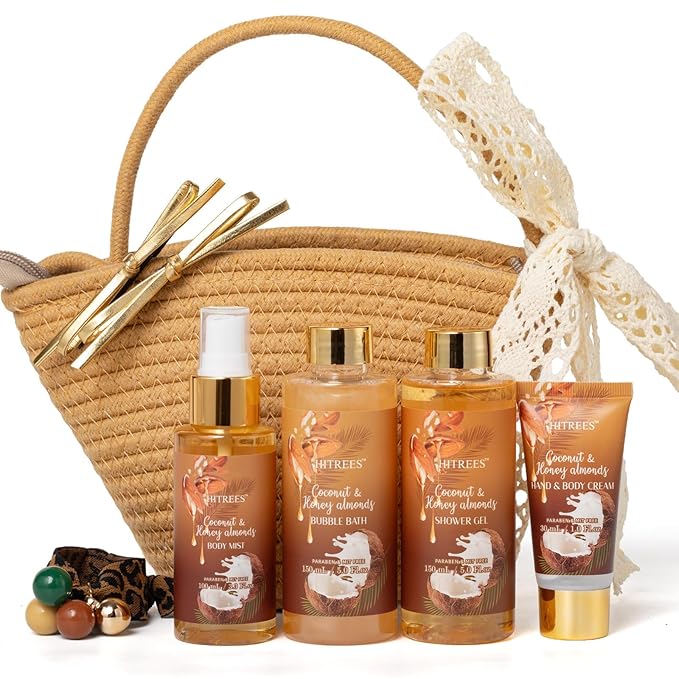 Spa Gift Set for Women, Coconut & Honey ALMOND Teengirls Gifts Friendship Women, Tote Bag, Shower Gel, Hand & Body Cream, Bath Gift Set for Her, Birthday for Best Friend, Mom, Mothers Day
