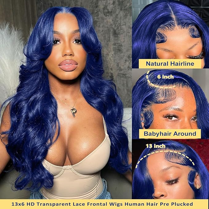 30 Inch Blue Lace Front Wigs Human Hair 13x6 Hd Transparent Body Wave Lace Frontal Wigs Human Hair Pre Plucked 180% Density Glueless Dark Blue Wig for Women Wear And Go Navy Blue Wig