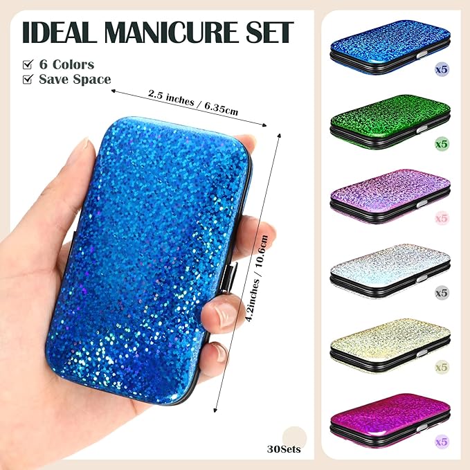 30 Sets Bulk Gifts for Women Manicure Set Bulk Professional Nail Care Kit Nail Clippers Kit 8 in 1 Stainless Steel Pedicure Set with Travel Case for Women Men(Bright Glitter)