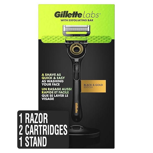Gillette Labs Men's Razor with Exfoliating Bar, Shaving Kit Includes 1 Handle, 2 Razor Blade Refills, 1 Premium Magnetic Stand, Black and Gold