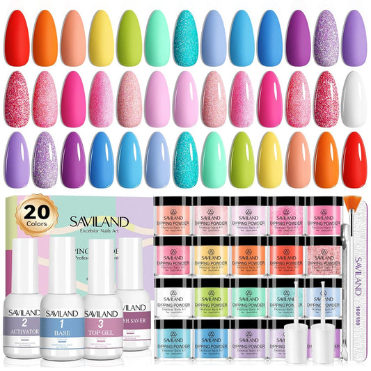 SAVILAND Dip Powder Nail Kit - 20 Summer Neon Colors with Base/Top/Activator/Brush Saver, Dipping Powder System for Starter with Keratin & Vitamin E Formula for Long-Lasting Home Manicure