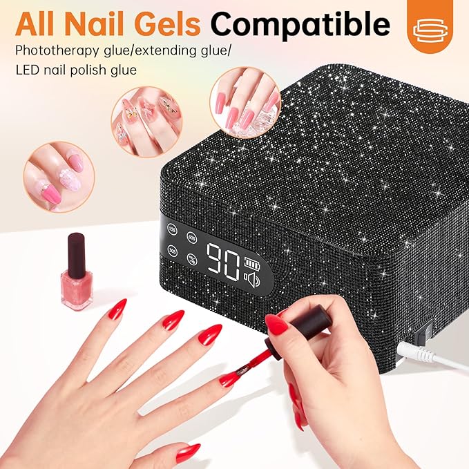 UV LED 96W Nail Lamp Professional Salon Nail Dryer Sparkly Gel Polish Light with 4 Timer Setting Quick Dry Curing Lamp with LCD Display Touch Screen Auto Sensor Home Black Diamond Rhinestone