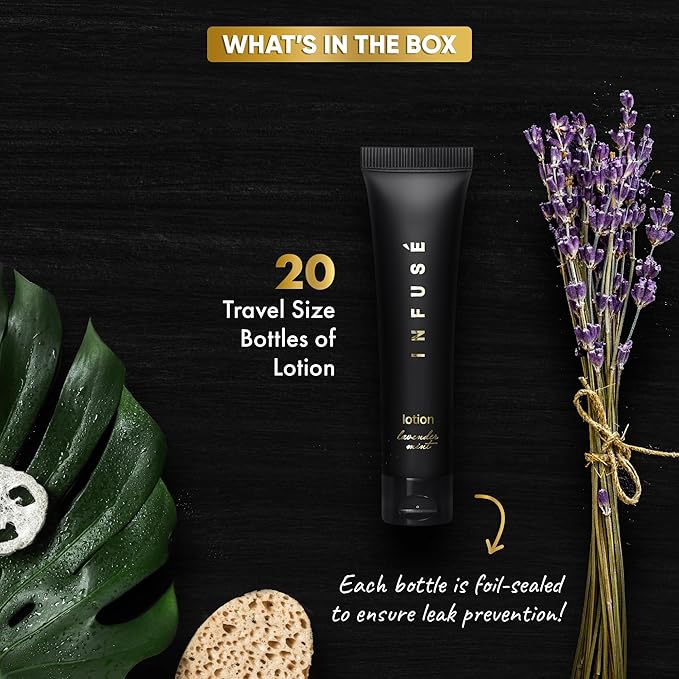 Infuse Black Hotel Toiletries Bulk | 1 oz Lotion Travel Size | For Hotels, Vacation Rentals, Gym, Luxury, Airport | Case of 20