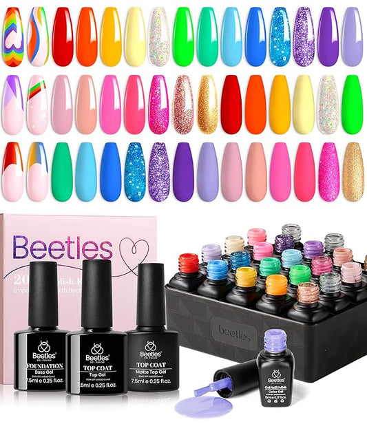 Beetles Summer Gel Polish Set, 20 Colors Neon Gel Polish Glitter Pink Red Green Blue Nail Polish Bright Rainbow Collection Sparkle Gel Base Glossy & Matte Top Coat UV Gel Gift for Women & Girls