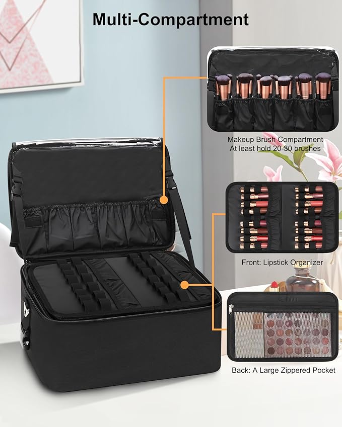 Relavel Makeup Bag Large Makeup Case Professional Cosmetic Storage Organizer Box Brush Holder with 3 Clear Set Bags & Lipstick Plate for Makeup Artists with Shoulder Strap & Adjustable Dividers