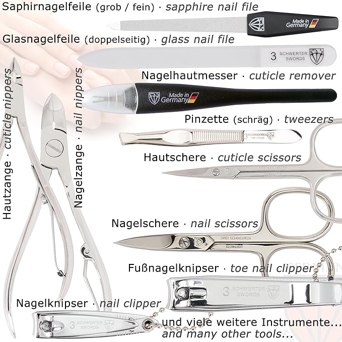 3 Swords Germany - brand quality 16 piece manicure pedicure grooming kit set for professional finger & toe nail care scissors clipper synthetic leather case in gift box, Made in Germany