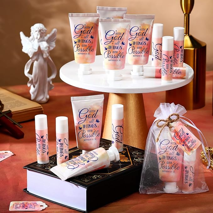 24 Sets Christian Hand Cream and Lip Balm Gift Set Christmas Christian Gift for Women Travel Size Hand Lotion Bible Verse Lip Balm Bulk for Baby Bridal Shower Mom Holiday Gift(Lovely)