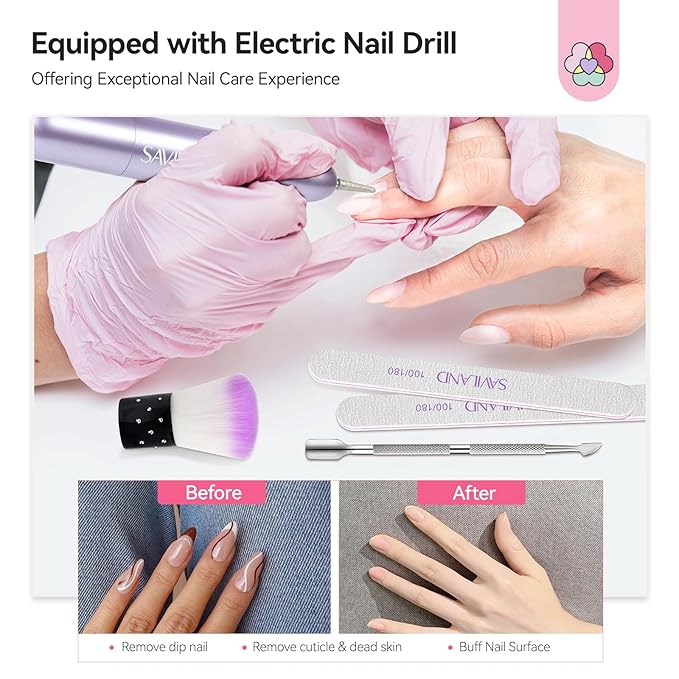 SAVILAND Advanced Dip Powder Nail Kit with Nail Drill: 28 Days Long-lasting 20 Color Pink Nude Dip Nails Powder Starter Kit Dipping Powder Liquid Set Dip Base Top Activator Brush Saver French Nail Art
