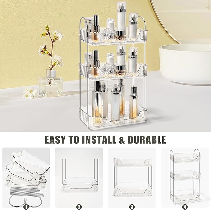 Bathroom Counter Organizer Countertop Storage Skincare Countertop Makeup Organizer Cosmetics Skincare Organizers Holder for Perfume-Clear White-Silver Pole-3 Tier