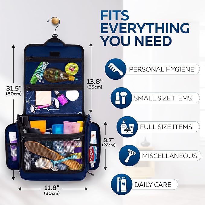 AvaJex Extra Large Hanging Travel Toiletry Bag for Men and Women - Cosmetic Travel Bag With Shoulder Strap - Waterproof Hygiene Bag with Metal Xxl Swivel Hook and 19 Compartments for Toiletries