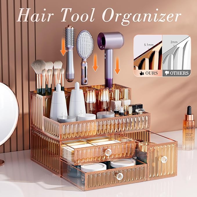 Makeup Organizer Golden- Tempered Glass Vanity Organizer for Cosmetics, Skincare, Hair Tools, Brushes, Perfume - Multipurpose Bathroom Counter Skincare Organizer