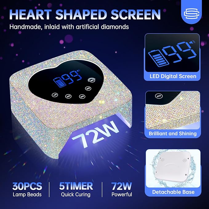 UV LED Nail Lamp 72W Rechargeable Sparkly Wireless Nail Dryer Gel Polish Light with 5 Timer Setting Professional Quick Dry Curing Lamp with Display Auto Sensor for Salon & Home