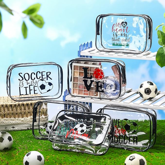 Abbylike 12 Pcs 7 x 4.7 x 2.4'' Soccer Theme Cosmetic Bag Soccer Gifts Accessories for Makeup Clear PVC Soccer Case Toiletry Zipper Pouch for Women Travel Vacation