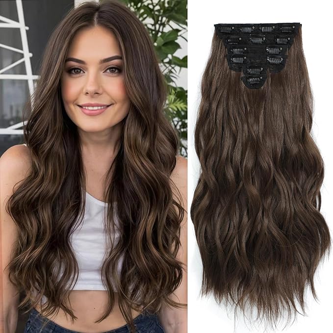 Clip in Hair Extensions for Women - 20 Inch Long Wavy Brown Extensions, 6PCS Chestnut Hairpieces that Blend Naturally with Your Real Hair (20 Inch, Chestnut)