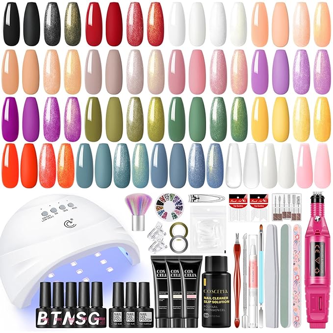 COSCELIA Gel Nail Polish Kit with U V Light Starter Kit and Drill 15 Colors Gel Polish 3 Colors Poly Extension Nail 5pcs Top Base Coat Nail Rhinestone Nail Manicure Kit Gifts for Women