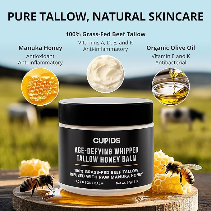 Tallow and Honey Balm for Face - Grass Fed Beef Tallow Moisturizer with Raw Manuka Honey, Olive Oil, Beeswax & Vitamin E - Nourishing Balm for Skin Hydration