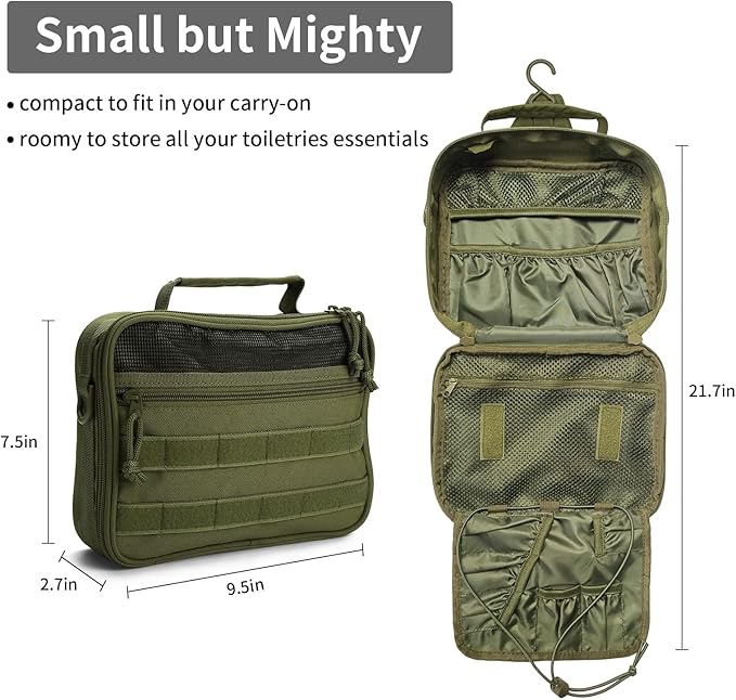 SMONT Mens Toiletry Travel Bag With Double Side full Open Design Travel Toiletry Organizer Dopp Kit Shaving Hygiene Bag Bathroom Hanging Toiletry Bag for Short Trips Tactical Toiletry Bag Army Green