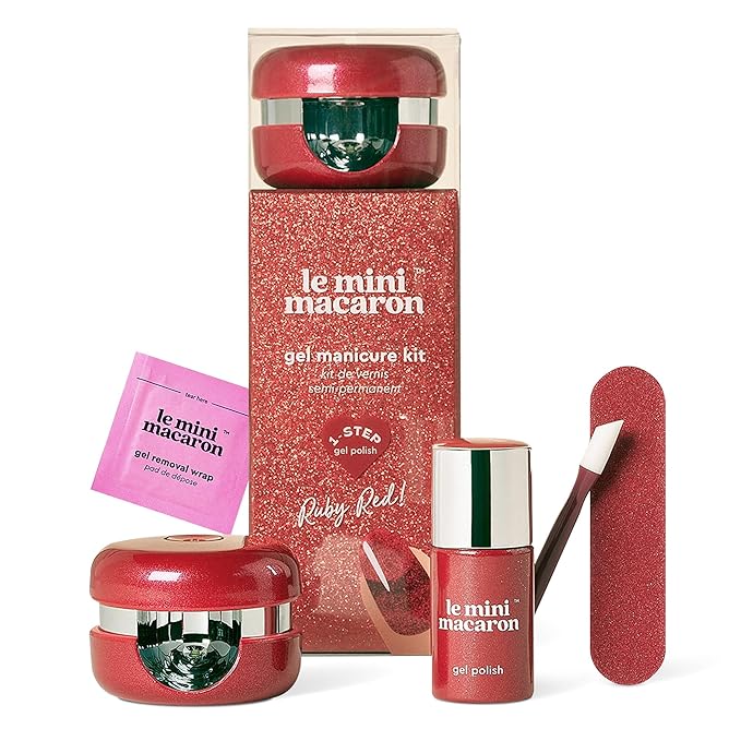 le mini macaron Gel Nail Polish Kit with LED Light, DIY At-Home Polish Nail Kit | Non-Toxic, Fast-Drying 3-in-1 Set for Long-Lasting, Salon-Quality Nails, File, and Remover Wraps (Ruby Red)