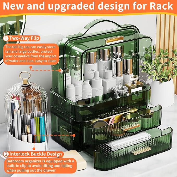 Makeup Organizers Skincare organizers with 2-Layer Storage Box and Transparent Cover Waterproof Dustproof Cosmetics Display Cases with Brush Holder for Countertop Vanity Bathroom Dresser Gift(Green)
