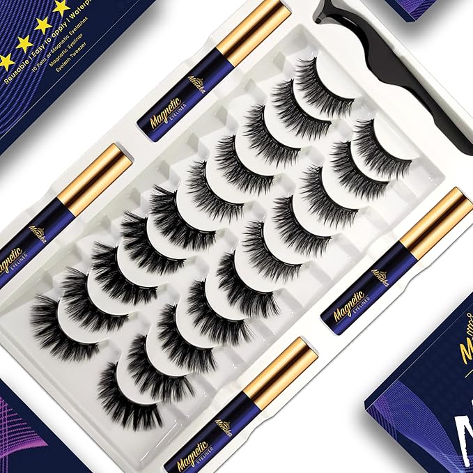 Magnetic Eyelashes with Eyeliner Kit, Magnetic Lashes and Eyeliner Kit with Applicator, Updated Most Natural Look,Strongest Hold,Waterproof, 10 Pairs Reusable False Lashes Easy to Use.