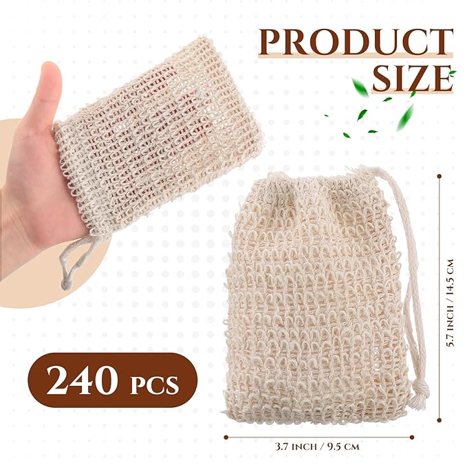 Rtteri 240 Pcs Soap Exfoliating Bag, Natural Sisal Soap Pouch Saver Body Shower Bar Mesh Body Net with Drawstring for Foaming and Drying