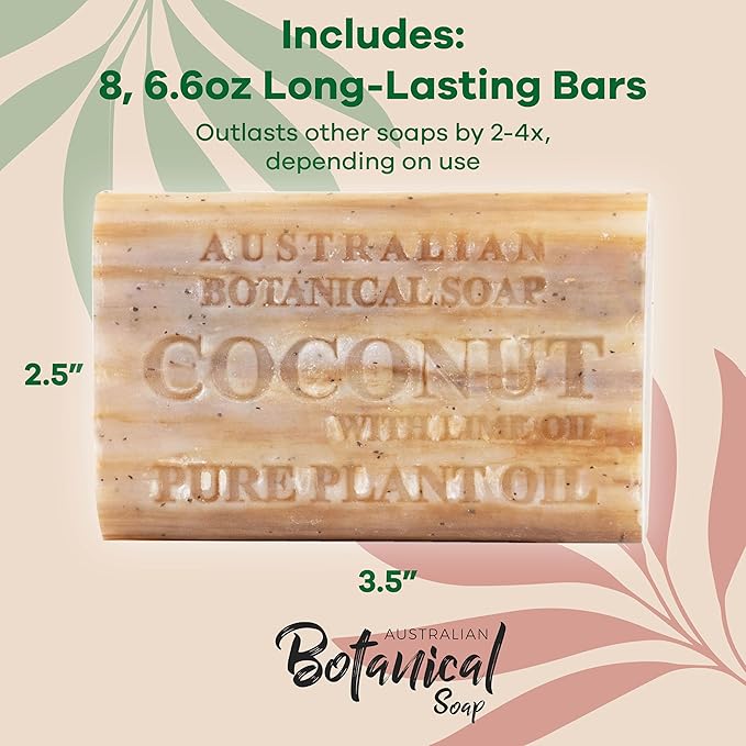 Australian Botanical Soap, 6.6 OZ, Coconut and Lime Oil, Triple Milled Bars made with a Natural Soap Base and Enriched with Organic Shea Butter, Pack of 8