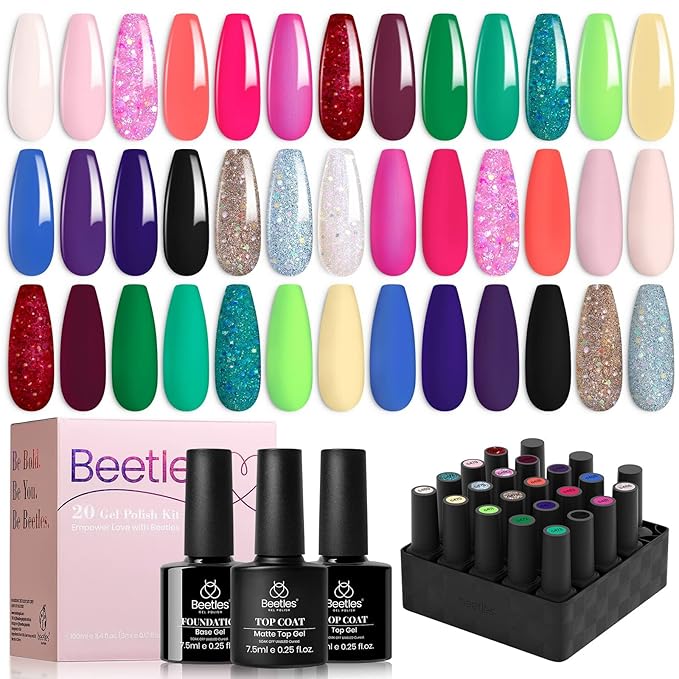 beetles Gel Polish 20 Colors Gel Nail Polish Luxury Club Collection with 1 Pcs 15ml White Color Soak Off Gel Polish with Glossy & Matte Top Coat and Base Coat, Red Green Soak Off Shiny Blue Glitter