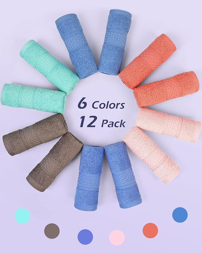 Cleanbear Wash Cloths 12 Pack for Body and Face, Bulk Wash Cloth with Assorted Colors Soft Washcloths 13 by 13 Inches (12 Pieces 6 Colors)
