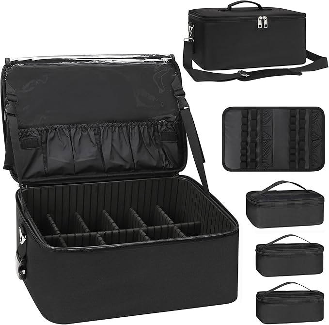 Relavel Makeup Bag Large Makeup Case Professional Cosmetic Storage Organizer Box Brush Holder with 3 Clear Set Bags & Lipstick Plate for Makeup Artists with Shoulder Strap & Adjustable Dividers