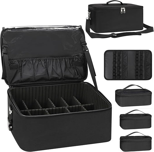 Relavel Makeup Bag Large Makeup Case Professional Cosmetic Storage Organizer Box Brush Holder with 3 Clear Set Bags & Lipstick Plate for Makeup Artists with Shoulder Strap & Adjustable Dividers
