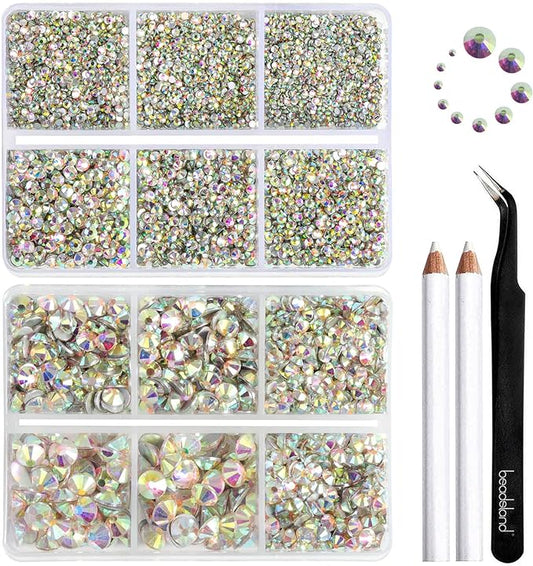 Beadsland 8300PCS Flatback Rhinestones, AB Crystal Rhinestone Round Crystal Rhinestones for Crafts, Mixed 10 Sizes with Wax Pencil and Tweezer Kit, SS3-SS30, Crystal AB