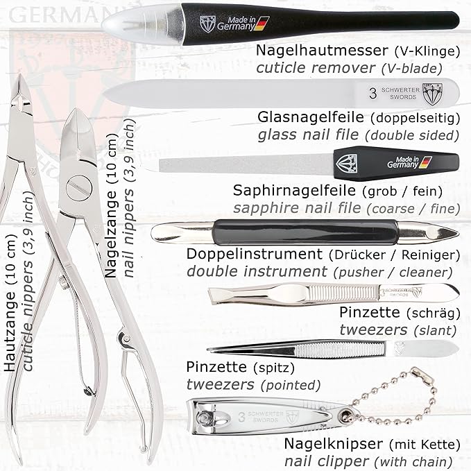 3 Swords Germany - brand quality 11 piece manicure pedicure grooming kit set for professional finger & toe nail care scissors clipper black genuine leather case in gift box, Made in Germany