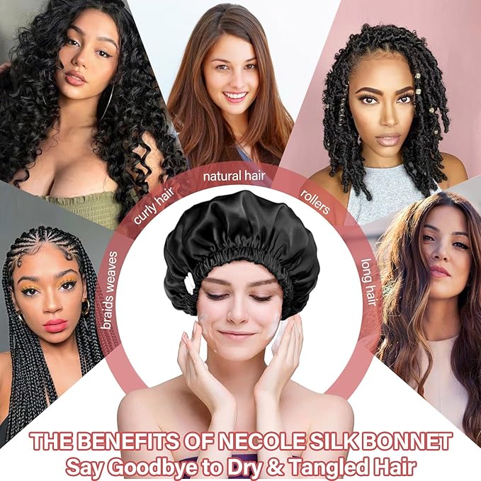 22 Momme 100% Mulberry Double Silk Bonnet for Sleeping Women Double Layer Lined Stay On Head for Hair Care with Adjustable Elastic Band Non-Slip Silk Turban Curly Hair Silk Hair Cap Black