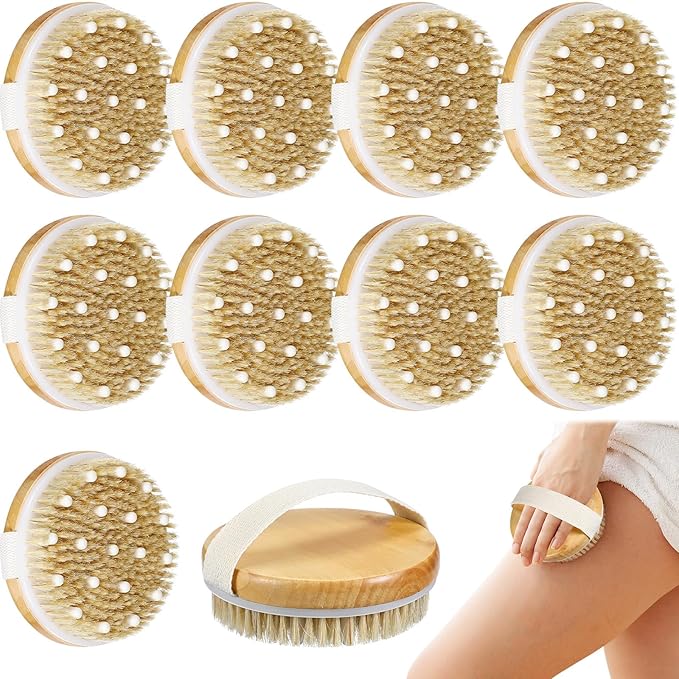 Gejoy 10 Pcs Dry Brushing Body Brush Exfoliating Brush with Massage Nodule Dry Skin Body Brush Scrubber for Shower Bath Back Circulation Improvement Dead Skin Remove Beauty Exfoliator (Round)