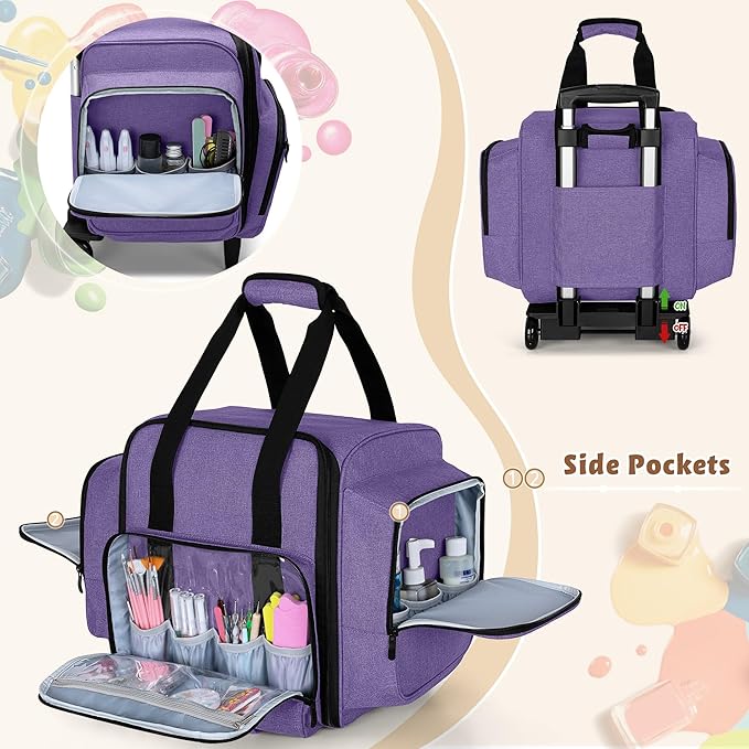 BAFASO Rolling Nail Polish Organizer Holds 144 Bottles, Nail Polish Case with a Detachable Dolly and 3 Removable Cases (Patented Design), Purple