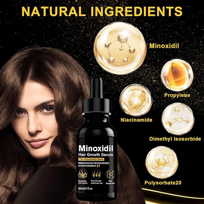 5% Minoxidil Hair Growth Serum, Topical Minoxidil for Men and Women, Hair Regrowth Treatment for Scalp Hair Loss and Thinning, With Biotin