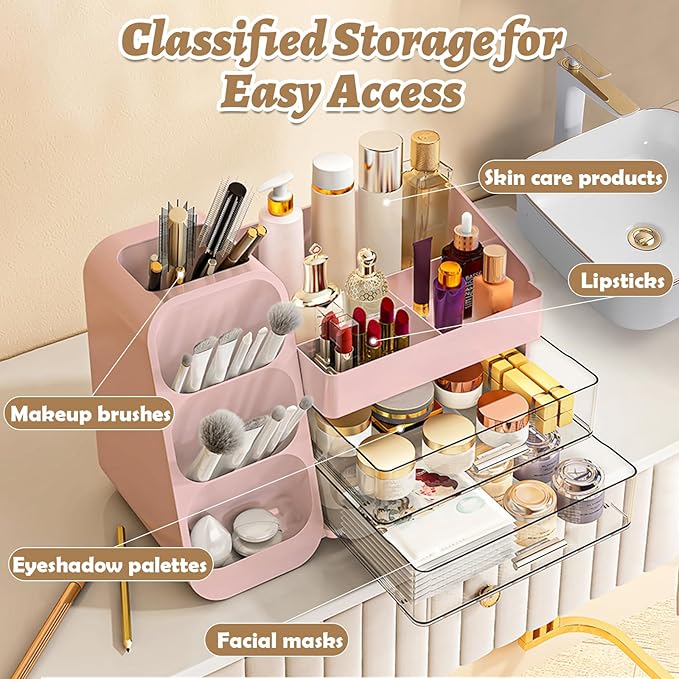Makeup Organizer Countertop, Vanity Organizer with Brush Holder, Cosmetic Display Case with Drawers, Skincare Organizer for Dresser, Bathroom, Large Make up Storage Cosmetic Holder for Women gifts