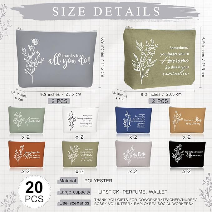 Sieral 20 Pcs Canvas Makeup Bags Bulk Inspirational Cosmetic Bag Pouch with Zipper for Women Employee Appreciation Thank You Gifts for Volunteer Teacher Nurse Assistant Mom Gifts(Boho Flower)