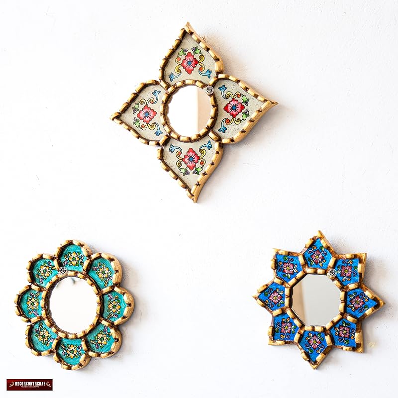 Peruvian Small Wall Mirror set of 3 - Decorative Vintage mirrors of 6" for wall decor - Painted Glass mirror for wall room decor