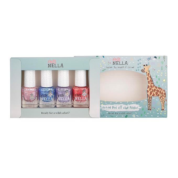 MISS NELLA SAFARI COLLECTION Glitter Nail Polish for kids, set of 4 glitter varnishes: pink, red, purple & blue, Peel- Off varnish for toddlers