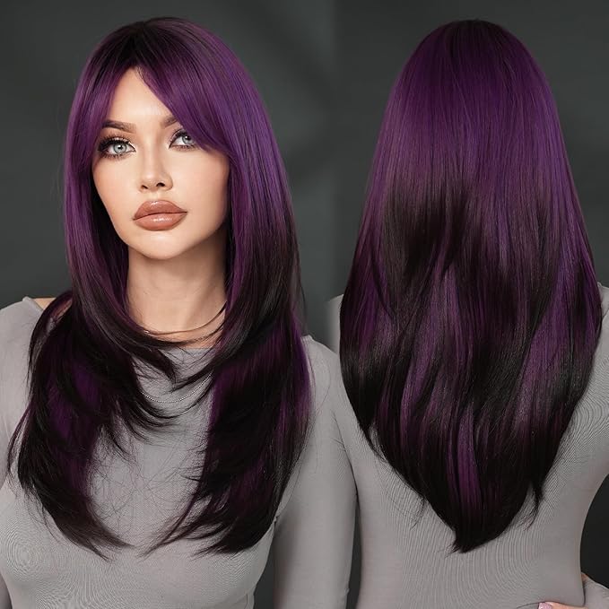 7JHH WIGS Long Dark Purple Ombre Wig with Bangs for Women Heat Resistant Fiber 25 Inch Layered Synthetic Hair Wigs with Dark Roots for Daily Use