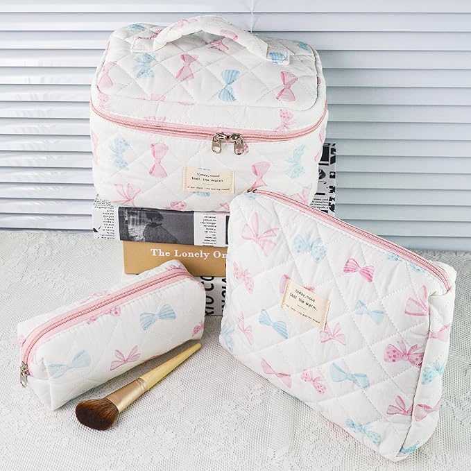 3Pcs Quilted Makeup Bag, Cute Floral Cotton Cosmetic Bag set, Coquette Bow Makeup Pouch Large Travel Toiletry Bag