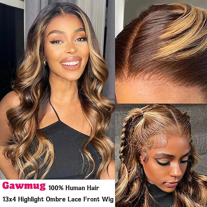 34 Inch Highlight Lace Front Wigs Human Hair Pre Plucked With Baby Hair 4/27 Colored 13x4 Body Wave Lace Frontal Wigs 180% Density Honey Blonde Lace Frontal Wig For Women