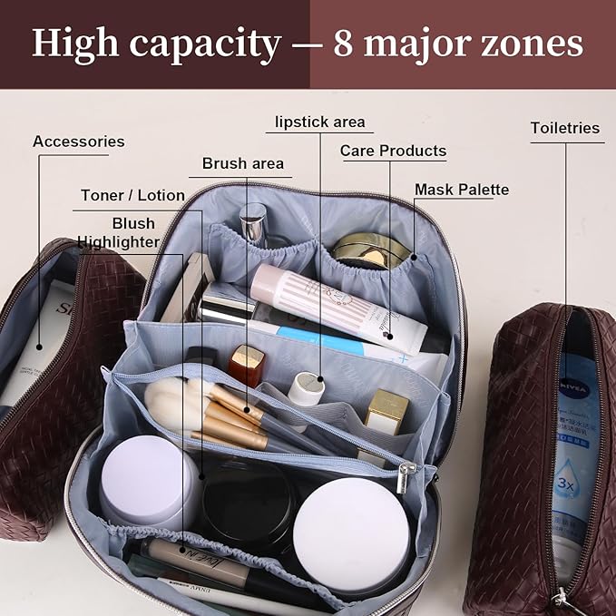 BOYATU Travel Makeup Bags for Women: Large Cosmetic Bag with Compartments - Vegan Leather Make up Bag Set of 3 - Compact Toiletry Organizer for Traveling (L14 Wine red)