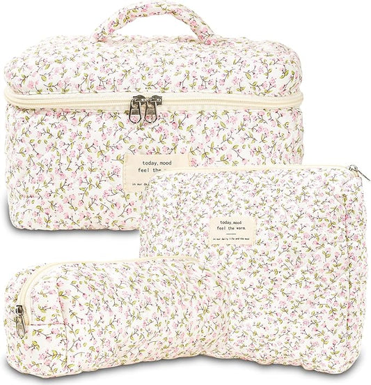 3Pcs Makeup Bag Cotton Quilted Travel Cosmetic Bag Cute Floral Makeup Pouch Large Toiletry Bag for Women Girls (Pink Floral)