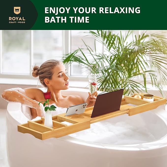 ROYAL CRAFT WOOD Premium Foldable Bathtub Tray - Wood Bath Tray for Tub, Bamboo Shelf, Expandable Bath Table Trays, Bathtub & Bathroom Accessories for New Home & Mothers Day & Birthday Gifts for Mom