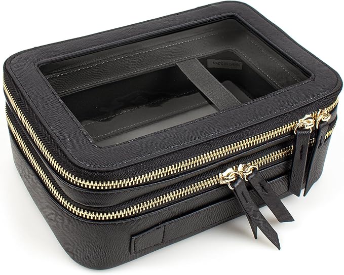 Clear Makeup Bags TSA Approved Toiletry Bag Handle Large Opening,Clear Toiletry Bags for Carry-on Traveling Travel Car Accessories Essentials Organziation Storage for Women Girls(Black, 2Layer)