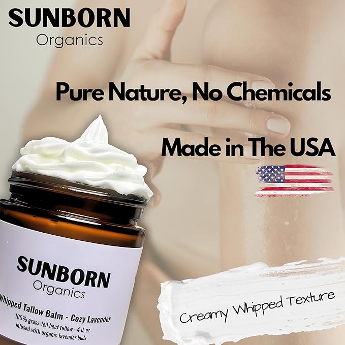 Pure Whipped Tallow Balm | Handmade in USA | 100% Organic Grass-Fed Beef Tallow for Skin | Beef Tallow Face Moisturizer Lotion for Dry Skin, Eczema, Baby, Lip Balm (4oz, Cozy Lavender)