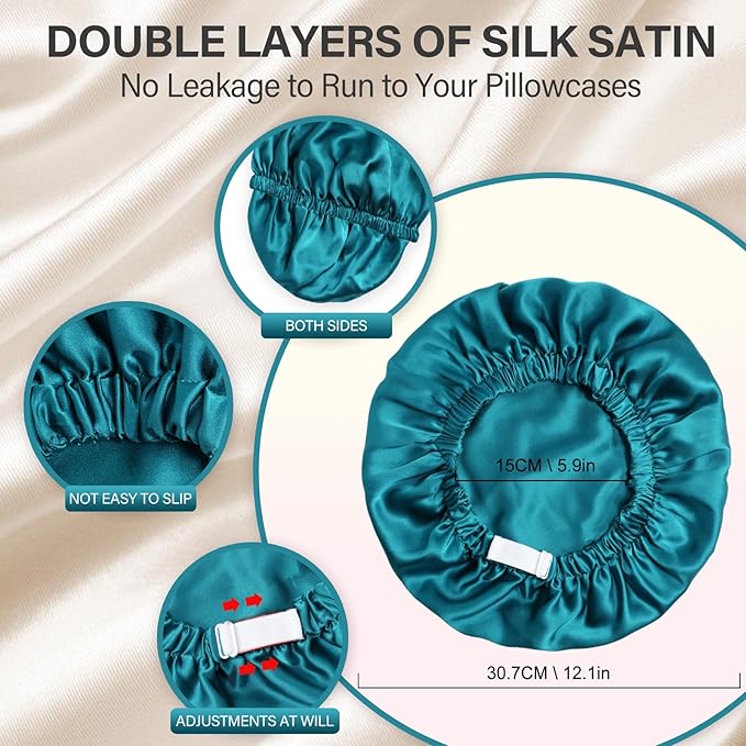 22 Momme 100% Mulberry Double Silk Bonnet for Sleeping Women Double Layer Lined Stay On Head for Hair Care with Adjustable Elastic Band Non-Slip Silk Turban Curly Hair Silk Hair Cap Blue